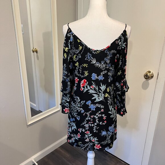Parker Black Agave Floral Cold Shoulder Silk Mini Dress, Size Small - Picture 12 of 16